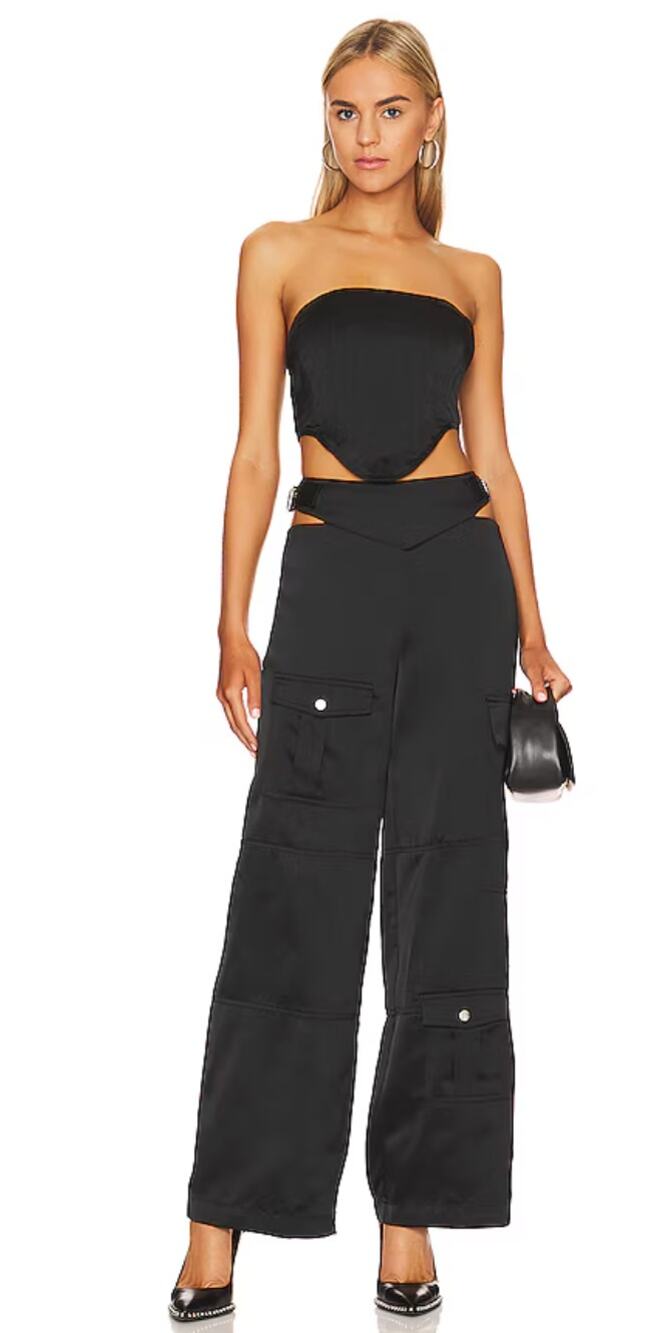 Revolve By DYLN Pants XS Gigi Cargo Satin in Black Wide Leg Buckle Waist Party